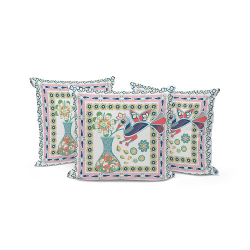 Set of Three White Pink And Gray Peacock Indoor Outdoor Throw Pillow