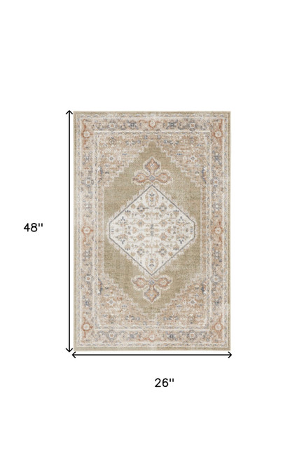 2' X 4' Green and Ivory Floral Medallion Power Loom Distressed Washable Area Rug