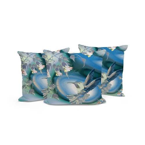 Set of Three White Blue And Charcoal Bird Indoor Outdoor Throw Pillow