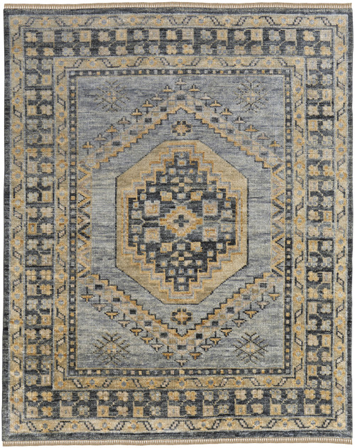 8' X 10' Blue Gray and Tan Wool Oriental Hand Knotted Area Rug With Fringe