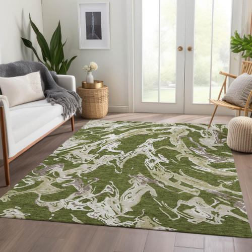 10' X 14' Olive Green Ivory And Taupe Abstract Washable Area Rug With UV Protection