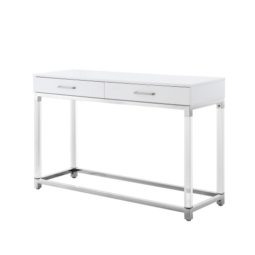 48" White and Silver Wood and Stainless Steel Console Table And With Two Drawers