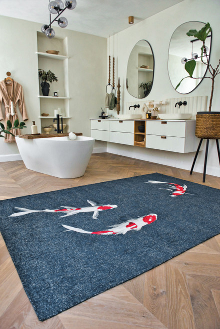 7' X 9' Blue And White Abstract Washable Area Rug