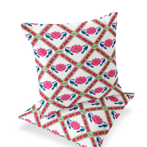 Set of Two Pink Blue And White Floral Indoor Outdoor Throw Pillow
