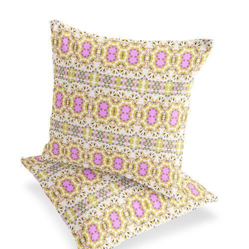 Set of Two Yellow And Pink Floral Indoor Outdoor Throw Pillow