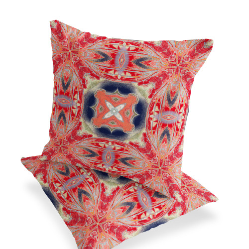 Set of Two Red Indigo Green And Cream Floral Indoor Outdoor Throw Pillow