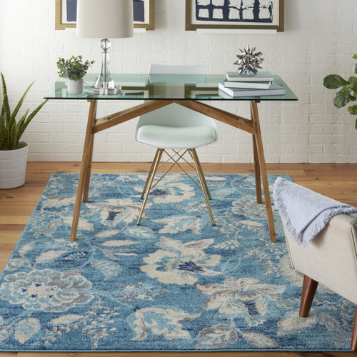 6' X 9' Turquoise Cream and Navy Blue Floral Distressed Area Rug