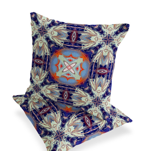 Set of Two Cream Gray Indigo Light Blue And Orange Floral Indoor Outdoor Throw Pillow