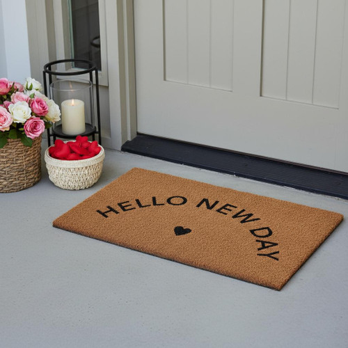 17" X 29" Brown And Black Hello New Day Outdoor Coir Door Mat