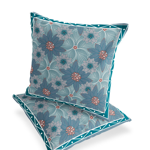 Set of Two Blue Red And Green Floral Indoor Outdoor Throw Pillow