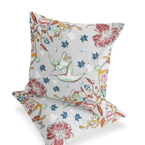 Set of Two Gray White And Blue Bird Indoor Outdoor Throw Pillow