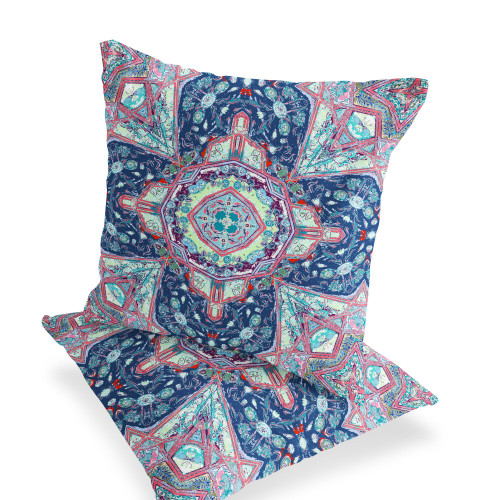 Set of Two Blue Light Blue And Pink Floral Indoor Outdoor Throw Pillow