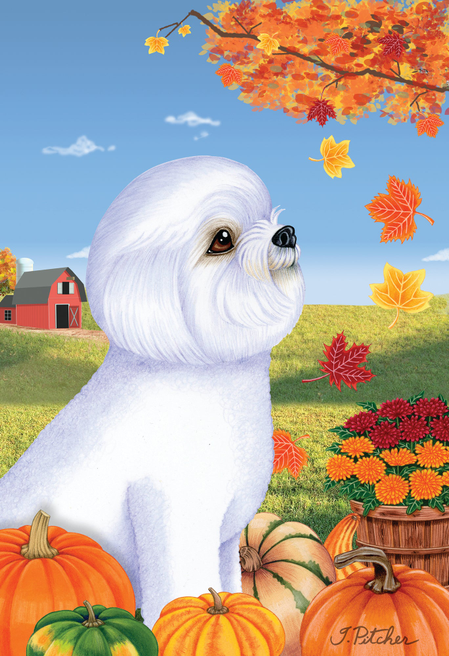 Bichon Frise Show Cut - Tomoyo Pitcher Autumn Leaves Outdoor Flag