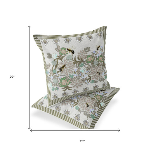 Set of Two Beige Yellow Green And Brown Bee Floral Indoor Outdoor Throw Pillow