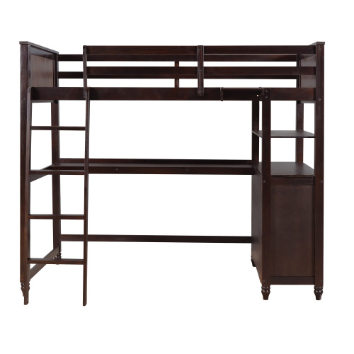 Espresso Slat Solid Wood Twin Loft Bed with Desk and Shelves