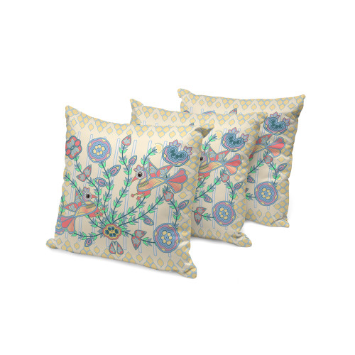 Set of Three Yellow Blue And Pink Peacock Indoor Outdoor Throw Pillow