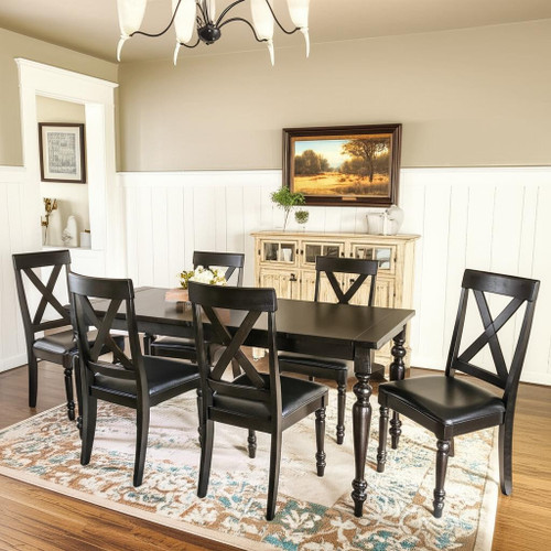 Seven Piece Black Wood Dining Set with Six Chairs