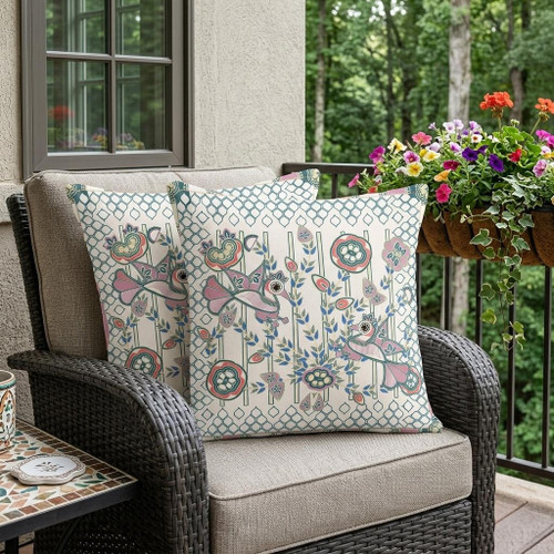 Set of Two Off White Orange Blue And Green Peacock Indoor Outdoor Throw Pillow