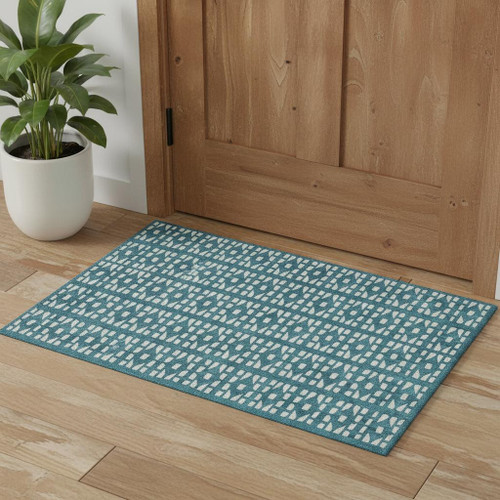 3' X 5' Teal And Ivory Geometric Washable Area Rug With UV Protection