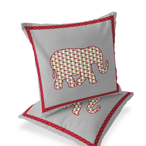 Set of Two Red Gray And Cream Elephant Indoor Outdoor Throw Pillow