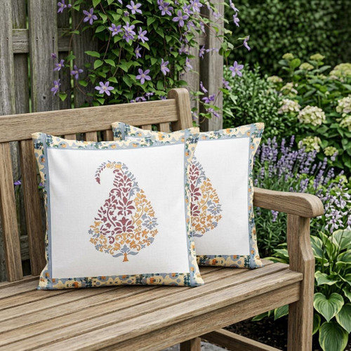 Set of Two Orange Red And White Botanical Indoor Outdoor Throw Pillow