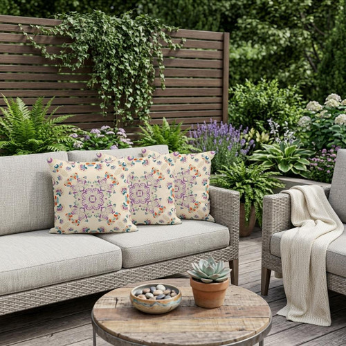 Set of Three Off White And Purple Botanical Indoor Outdoor Throw Pillow