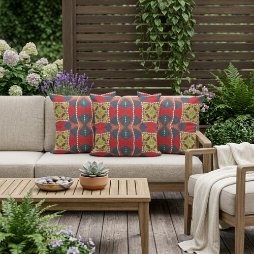 Set of Three Red Yellow And Gray Abstract Indoor Outdoor Throw Pillow