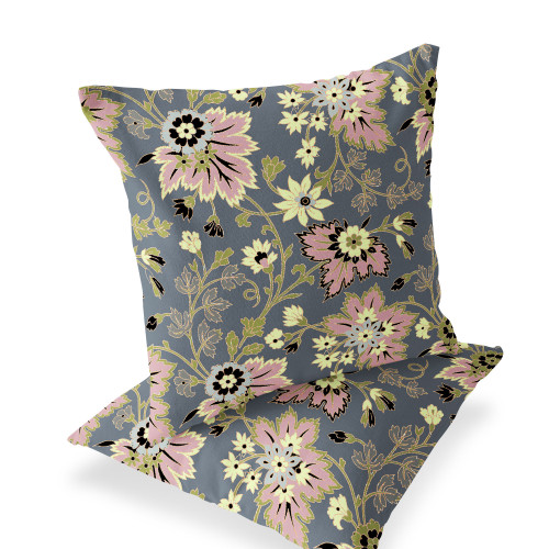 Set of Two Pink And Gray Floral Indoor Outdoor Throw Pillow