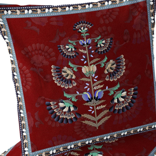 Set of Two Red Cream And Blue Botanical Indoor Outdoor Throw Pillow
