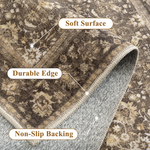 9' X 12' Brown Ivory And Tan Floral Medallion Washable Area Rug