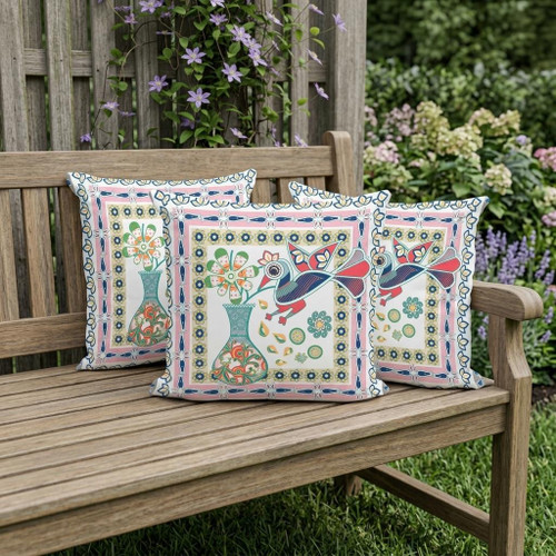 Set of Three White Pink And Gray Peacock Indoor Outdoor Throw Pillow
