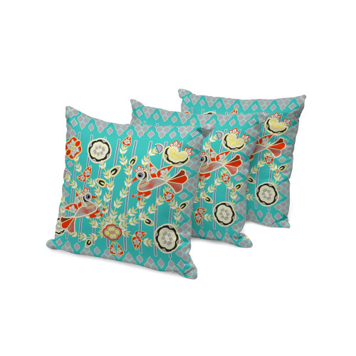 Set of Three Blue Peacock Indoor Outdoor Throw Pillow