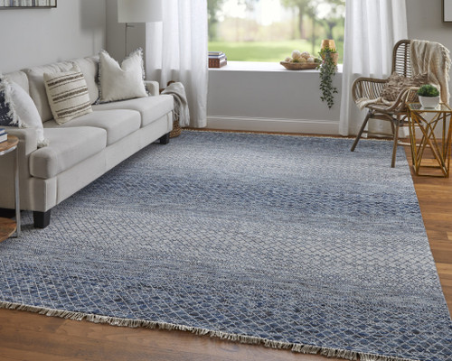2' X 3' Ivory Gray and Blue Wool Hand Knotted Area Rug With Fringe