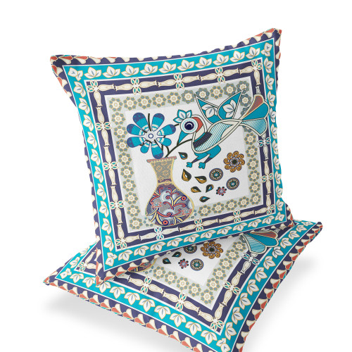 Set of Two Cream And Purple Peacock Indoor Outdoor Throw Pillow
