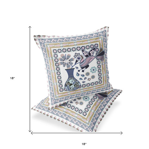Set of Two Beige Pink And White Peacock Indoor Outdoor Throw Pillow