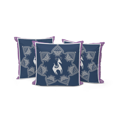 Set of Three Blue White And Lavender Horse Indoor Outdoor Throw Pillow