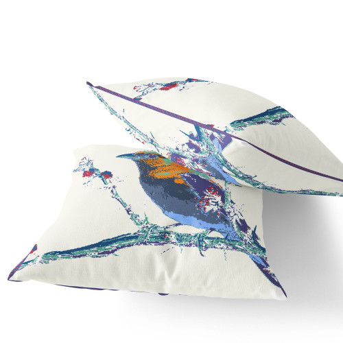 Set of Two Purple White And Orange Bird Indoor Outdoor Throw Pillow