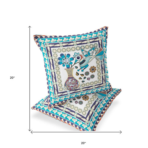 Set of Two Cream And Purple Peacock Indoor Outdoor Throw Pillow