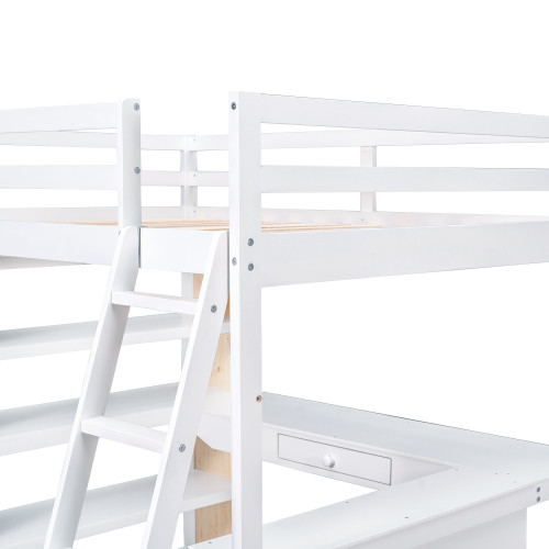 White Slat Wood Full Double Loft Bed with Desk and Shelves