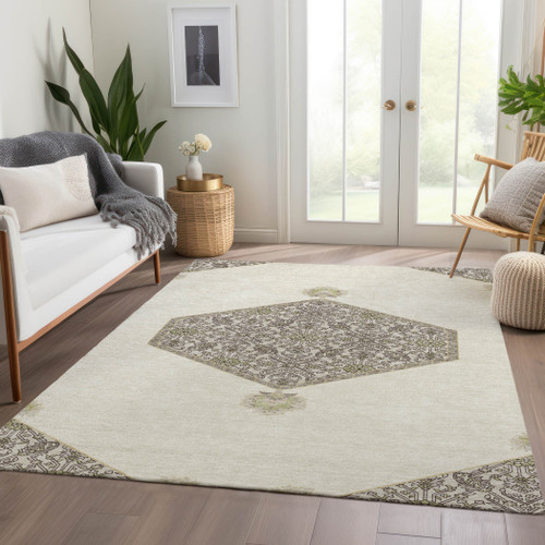 9' X 12' Ivory Beige And Gray Oriental Washable Area Rug With UV Protection