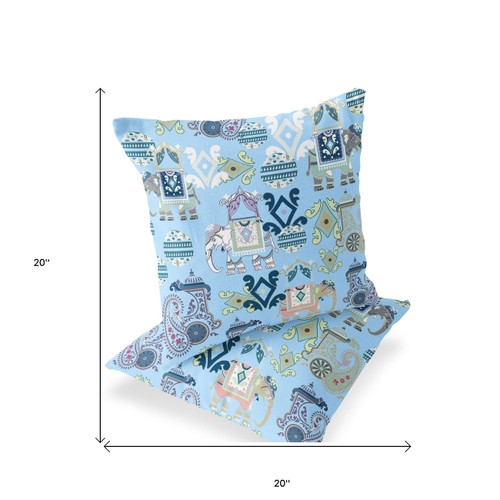 Set of Two Sky Blue And White Elephant Indoor Outdoor Throw Pillow