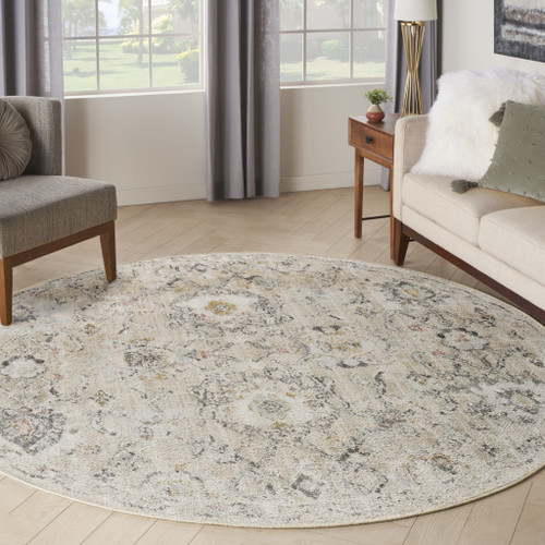 8' Gray Ivory And Yellow Floral Distressed Round Rug