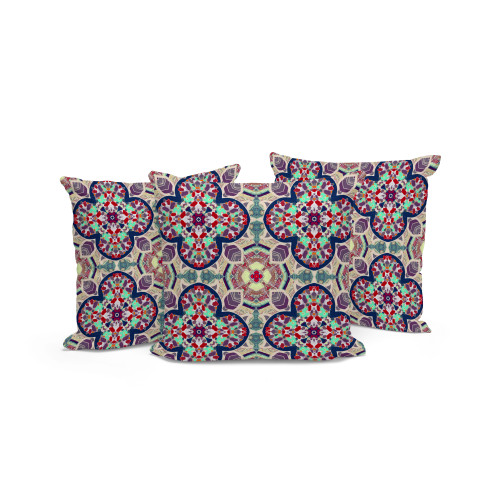 Set of Three Maroon And Green Floral Indoor Outdoor Throw Pillow