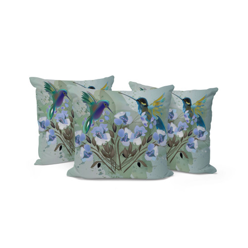 Set of Three Green And Blue Bird Indoor Outdoor Throw Pillow