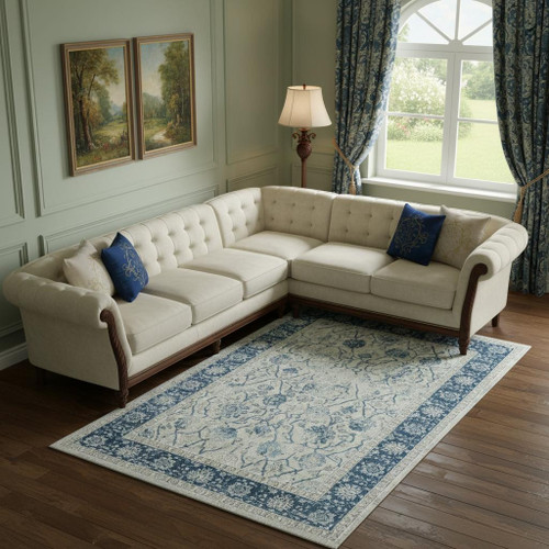 9' X 12' Gray And Blue Floral Area Rug