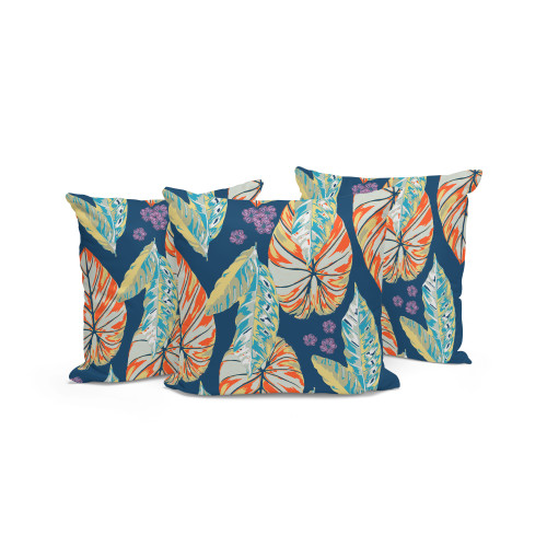 Set of Three Blue Orange And Purple Botanical Indoor Outdoor Throw Pillow
