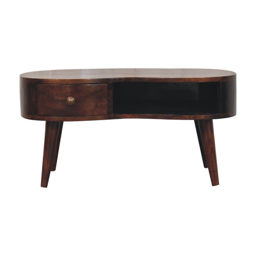 32" Walnut Solid Wood Free Form Coffee Table With Drawer And Shelf