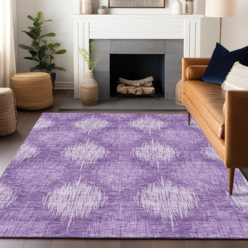 9' X 12' Plum And Ivory Ikat Washable Area Rug With UV Protection