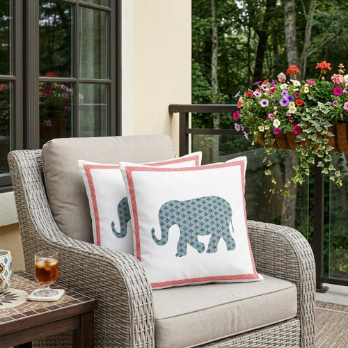 Set of Two Blue Pink And White Elephant Indoor Outdoor Throw Pillow