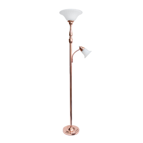 72" Rose Gold Metal Floor Lamp With White Glass Bowl Shade